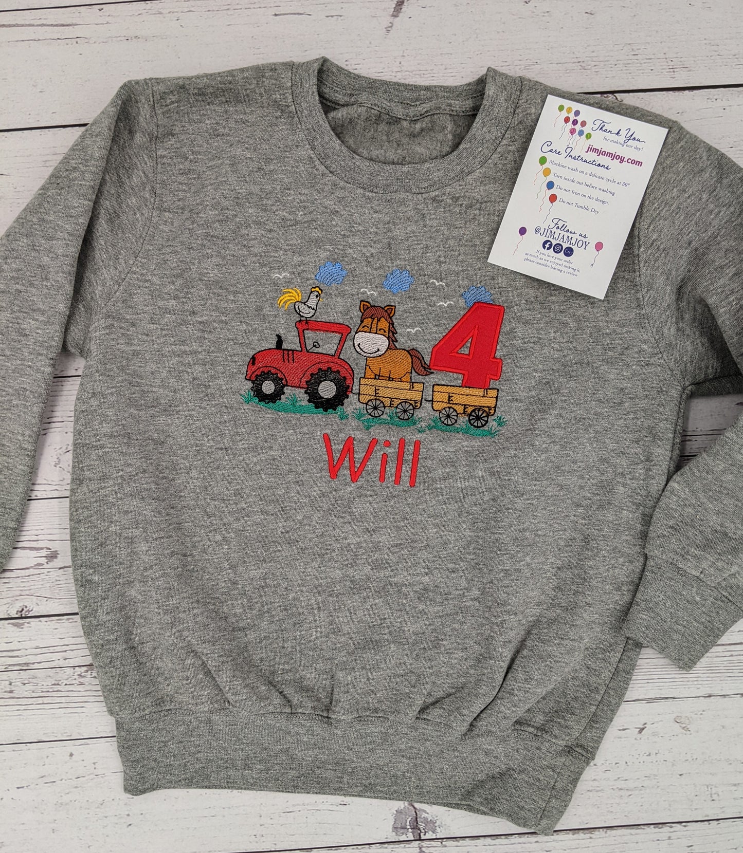 Children Personalised Birthday Sweatshirt  with Tractor  and horse on a Trailer - Embroidery