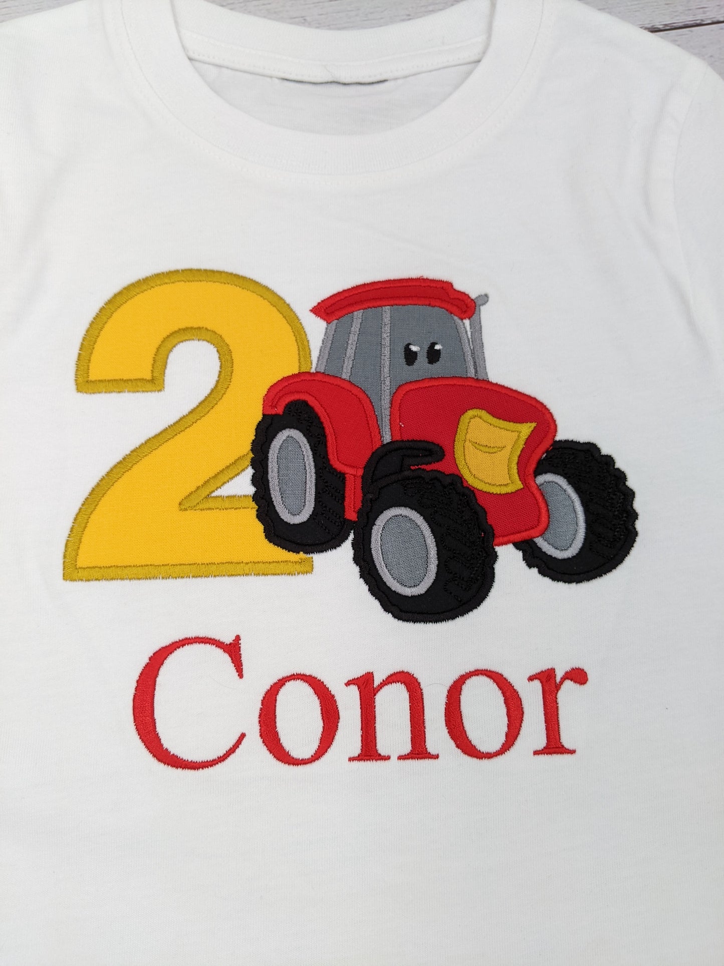 Children Personalised Birthday Tshirt with Red Tractor - Embroidery