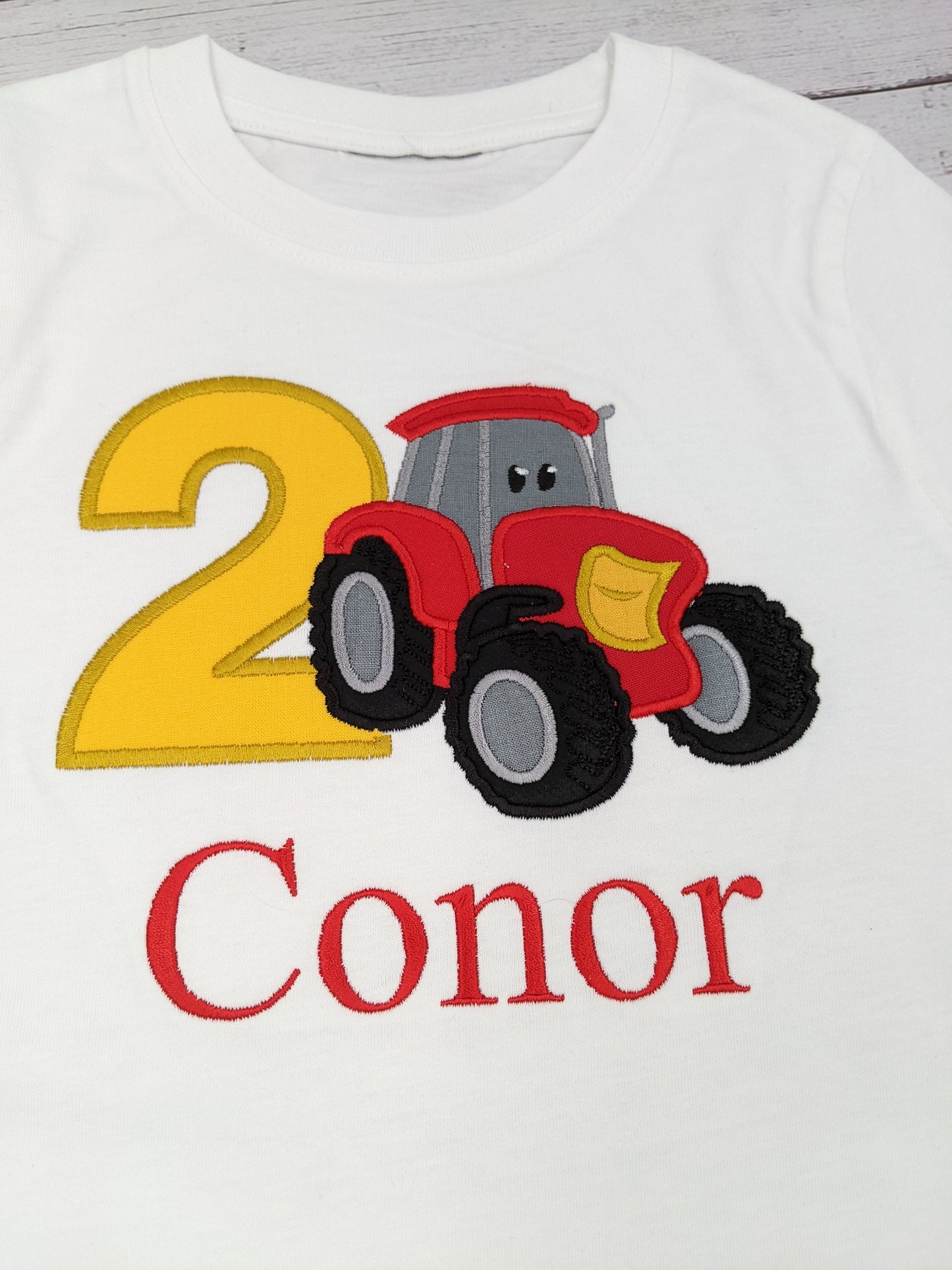 Children Personalised Birthday Tshirt with Red Tractor - Embroidery