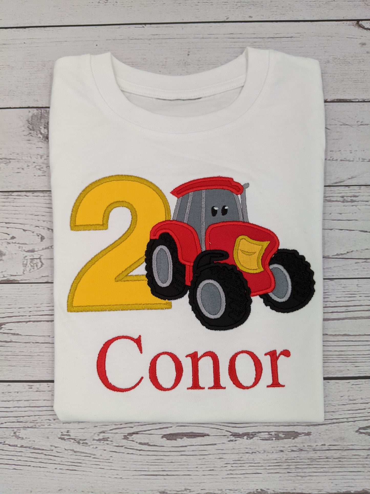 Children Personalised Birthday Tshirt with Red Tractor - Embroidery