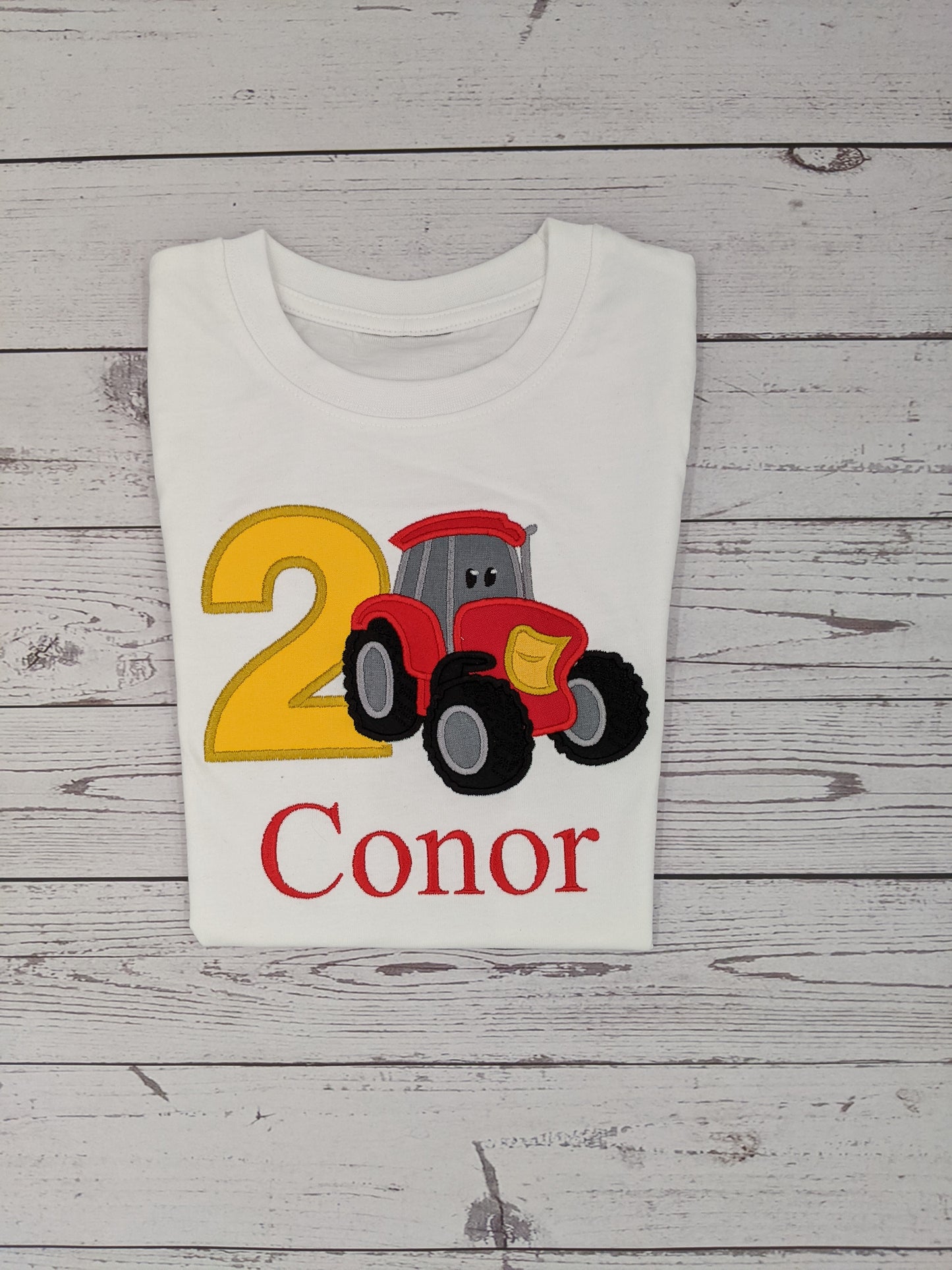 Children Personalised Birthday Tshirt with Red Tractor - Embroidery