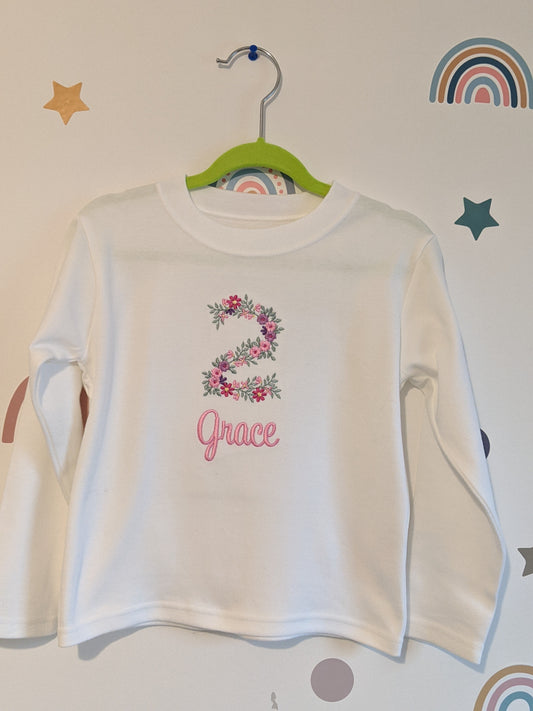 Children Birthday Tshirt with Flower Number Monogram - Embroidery