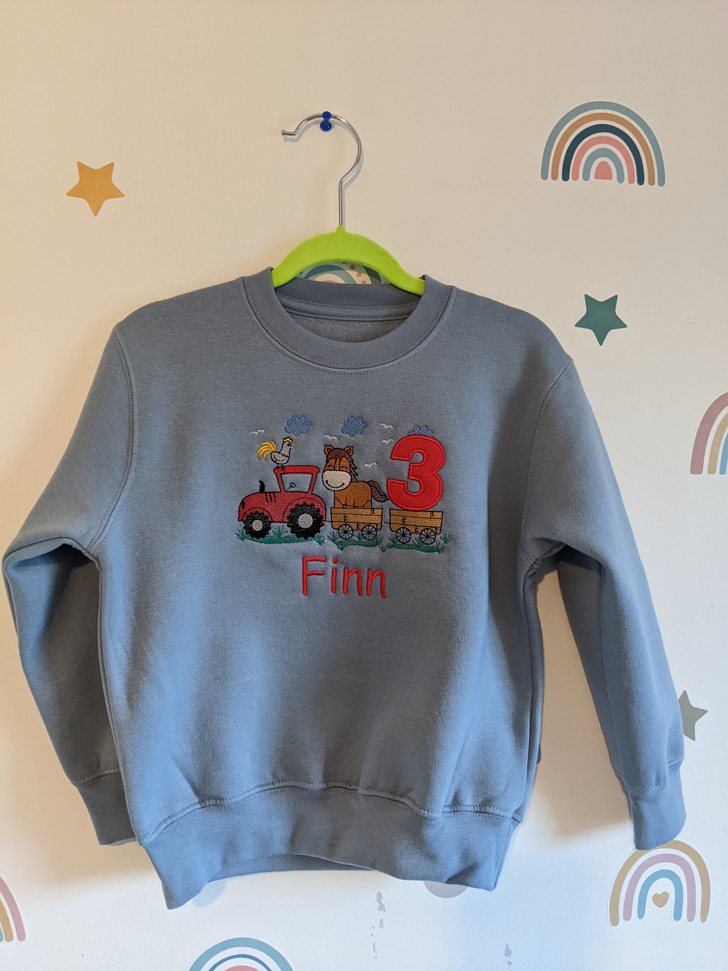 Children Personalised Birthday Sweatshirt  with Tractor  and horse on a Trailer - Embroidery