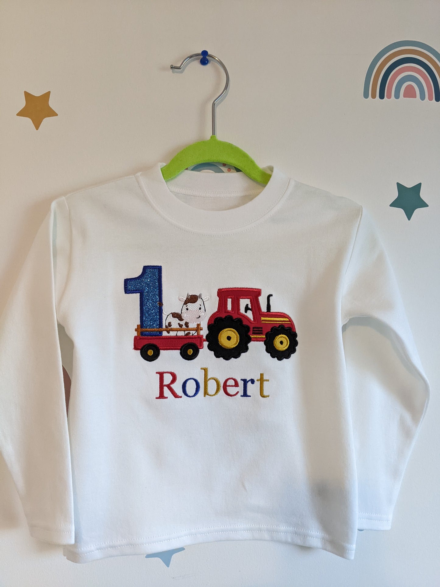 Children Personalised Birthday Tshirt with Tractor and Trailer - Embroidery