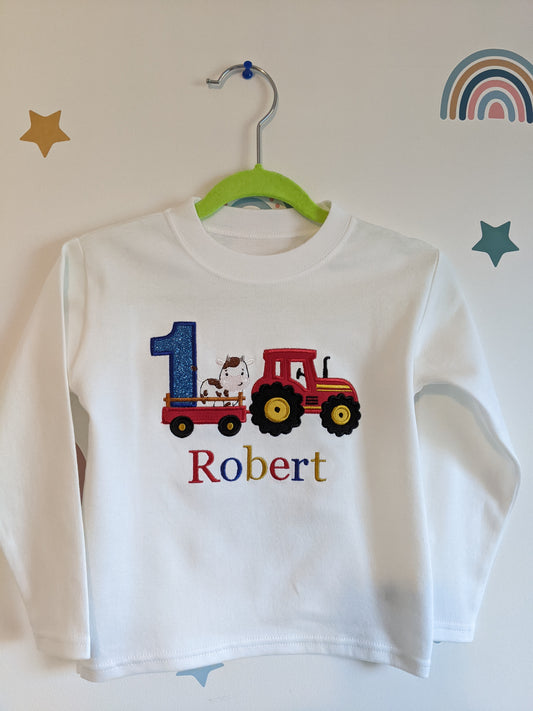 Children Personalised Birthday Tshirt with Tractor and Trailer - Embroidery