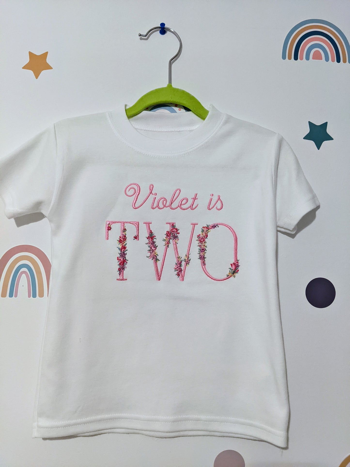 Children Personalised 2nd Birthday Tshirt with Monogram Floral Font- Embroidery