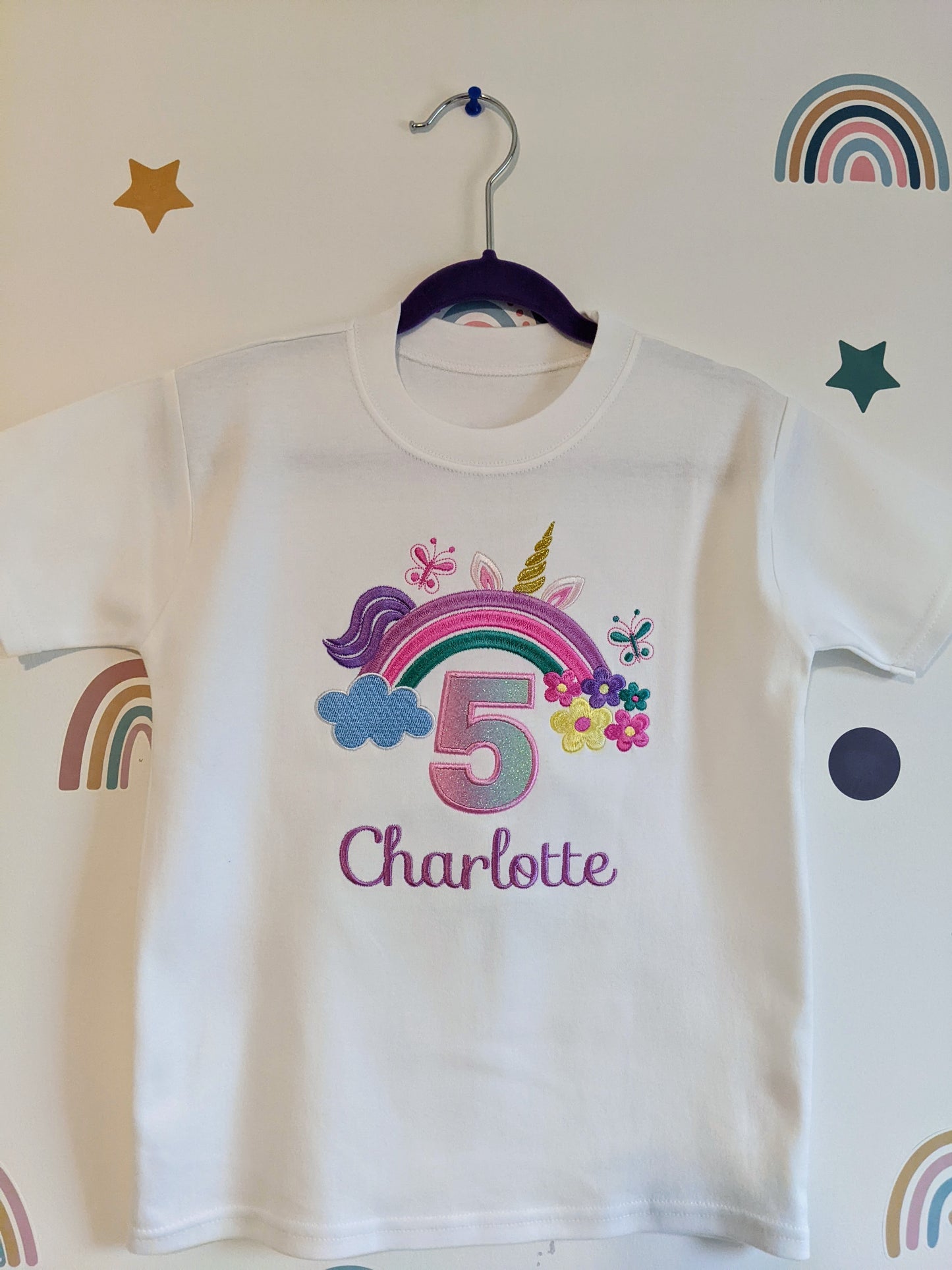 Children Personalised Birthday Tshirt Peek a Boo Unicorn - Embroidery