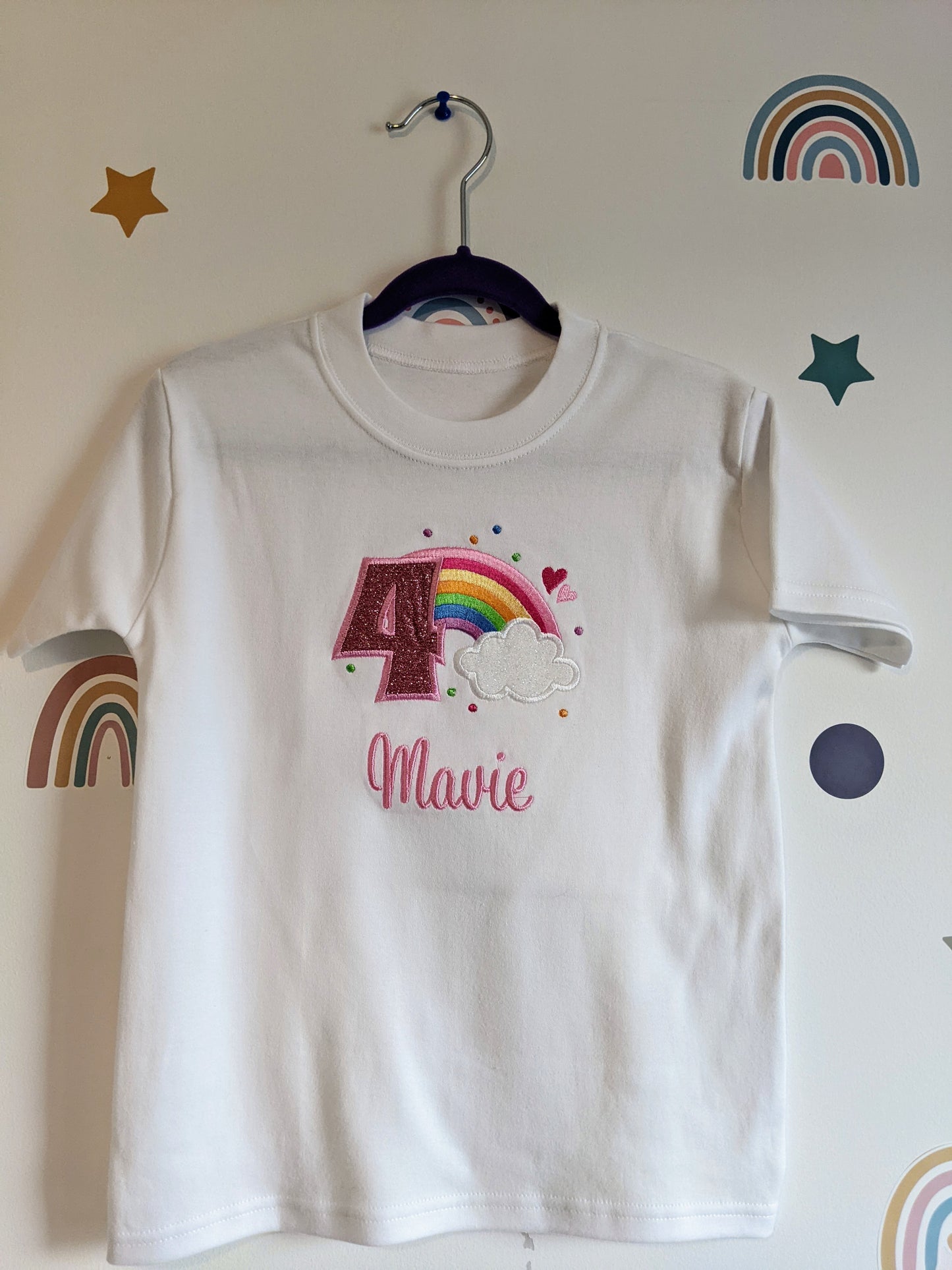 Children Personalised Birthday Tshirt with Rainbow and Cloud - Embroidery