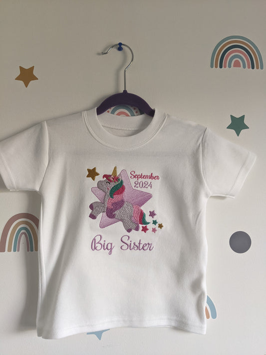 Big Sister t shirt with a Cute Unicorn and Rainbow Hair