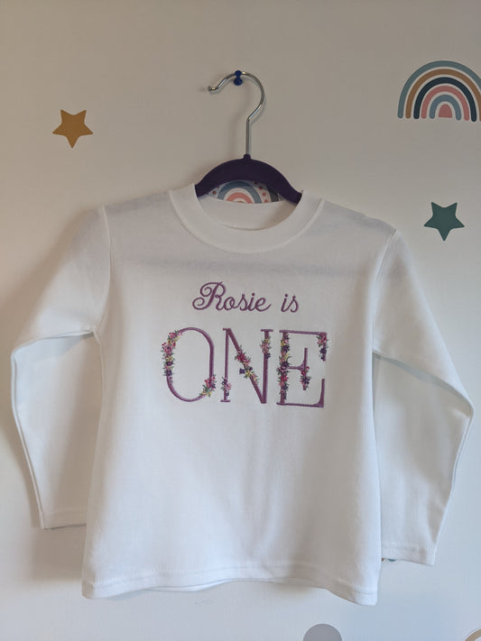 Children Personalised 1st Birthday Tshirt with Monogram Floral Font- Embroidery