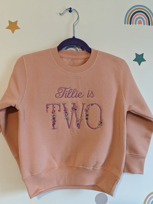 Children Personalised 2nd Birthday Sweatshirt  with Monogram Floral Font- Embroidery