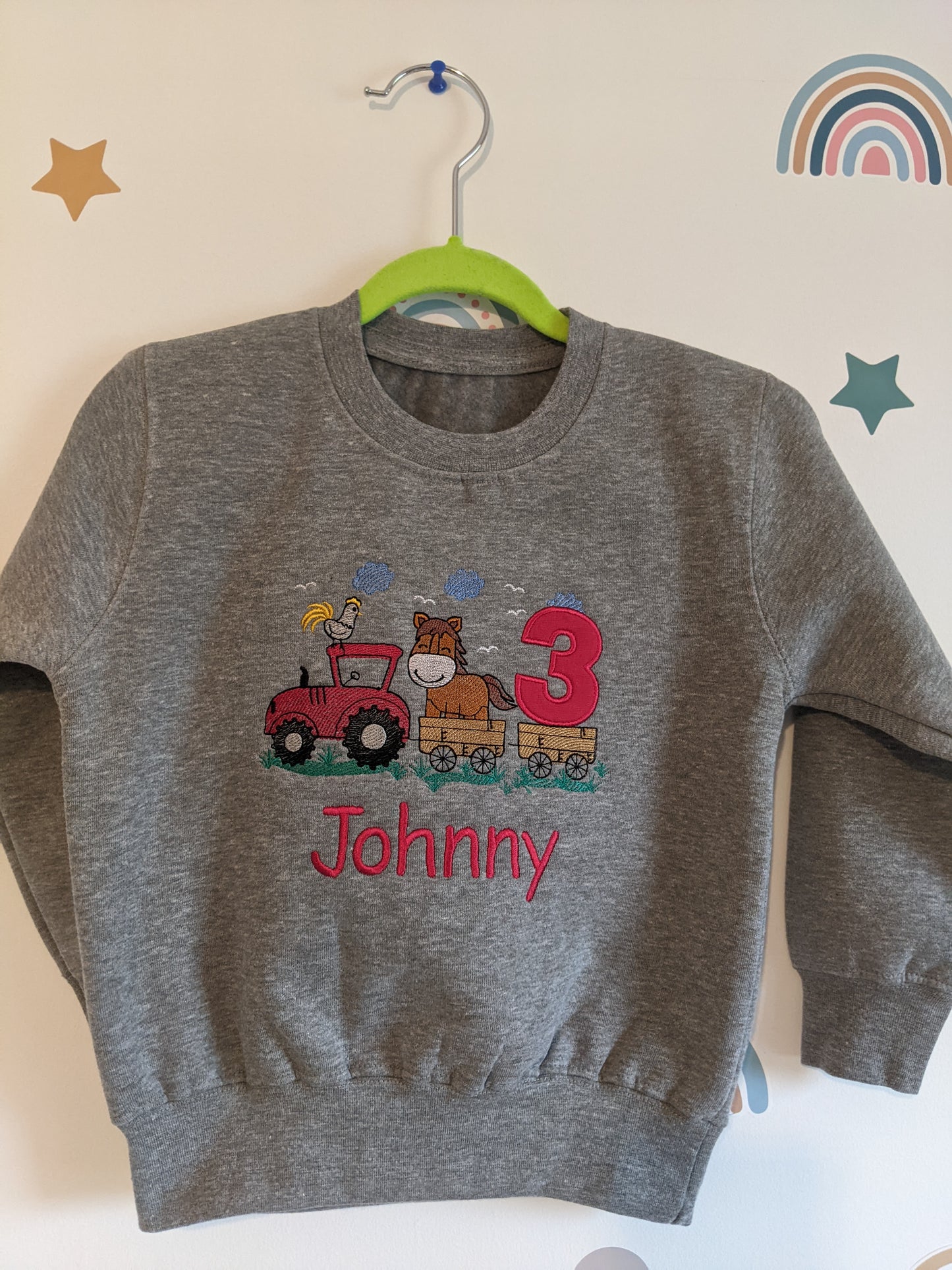 Children Personalised Birthday Sweatshirt  with Tractor  and horse on a Trailer - Embroidery