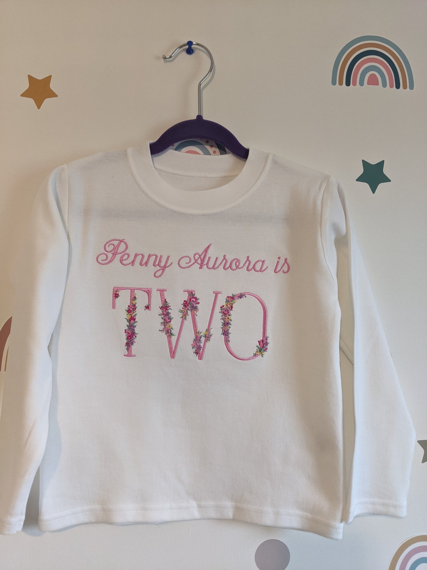 Children Personalised 2nd Birthday Tshirt with Monogram Floral Font- Embroidery