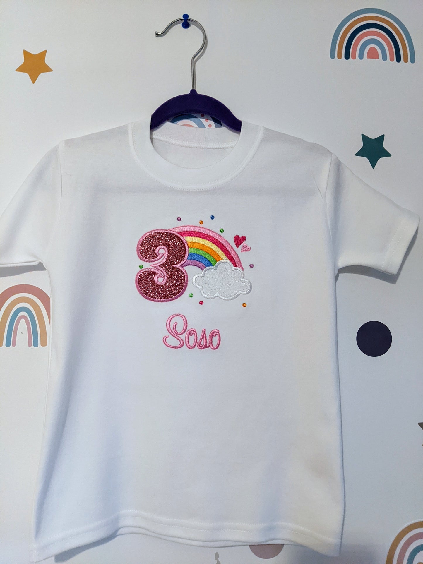 Children Personalised Birthday Tshirt with Rainbow and Cloud - Embroidery