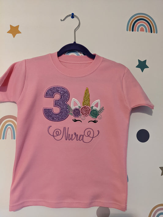 Children Personalised Birthday Tshirt with Unicorn - Embroidery