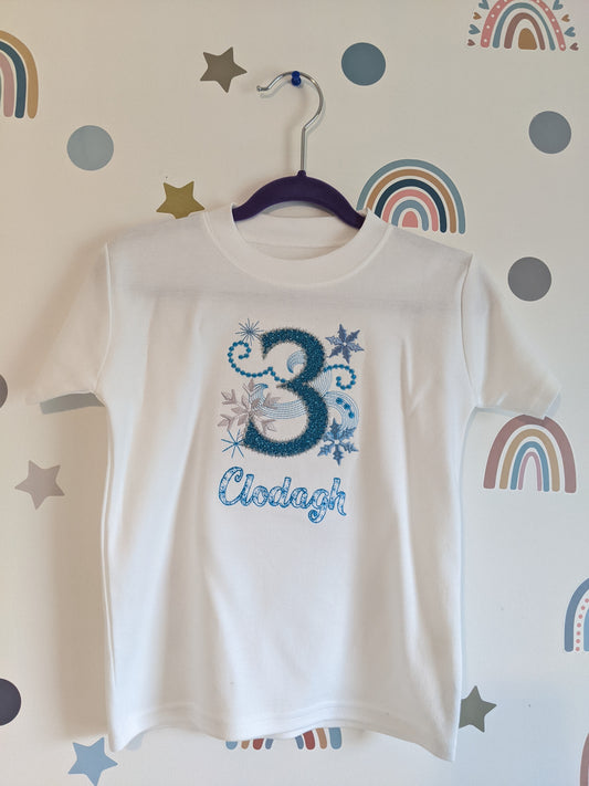 Personalised Frozen Birthday  Tshirt |  Snow Font | Kid Birthday Tshirt - Embroidery