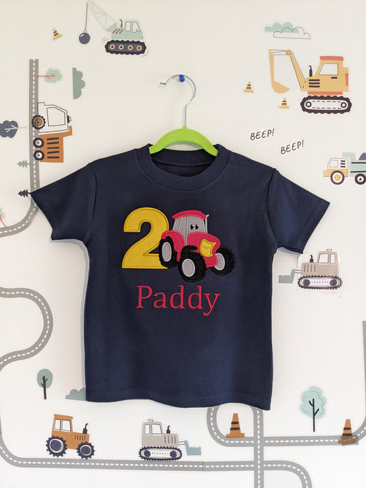 Children Personalised Birthday Tshirt with Red Tractor - Embroidery