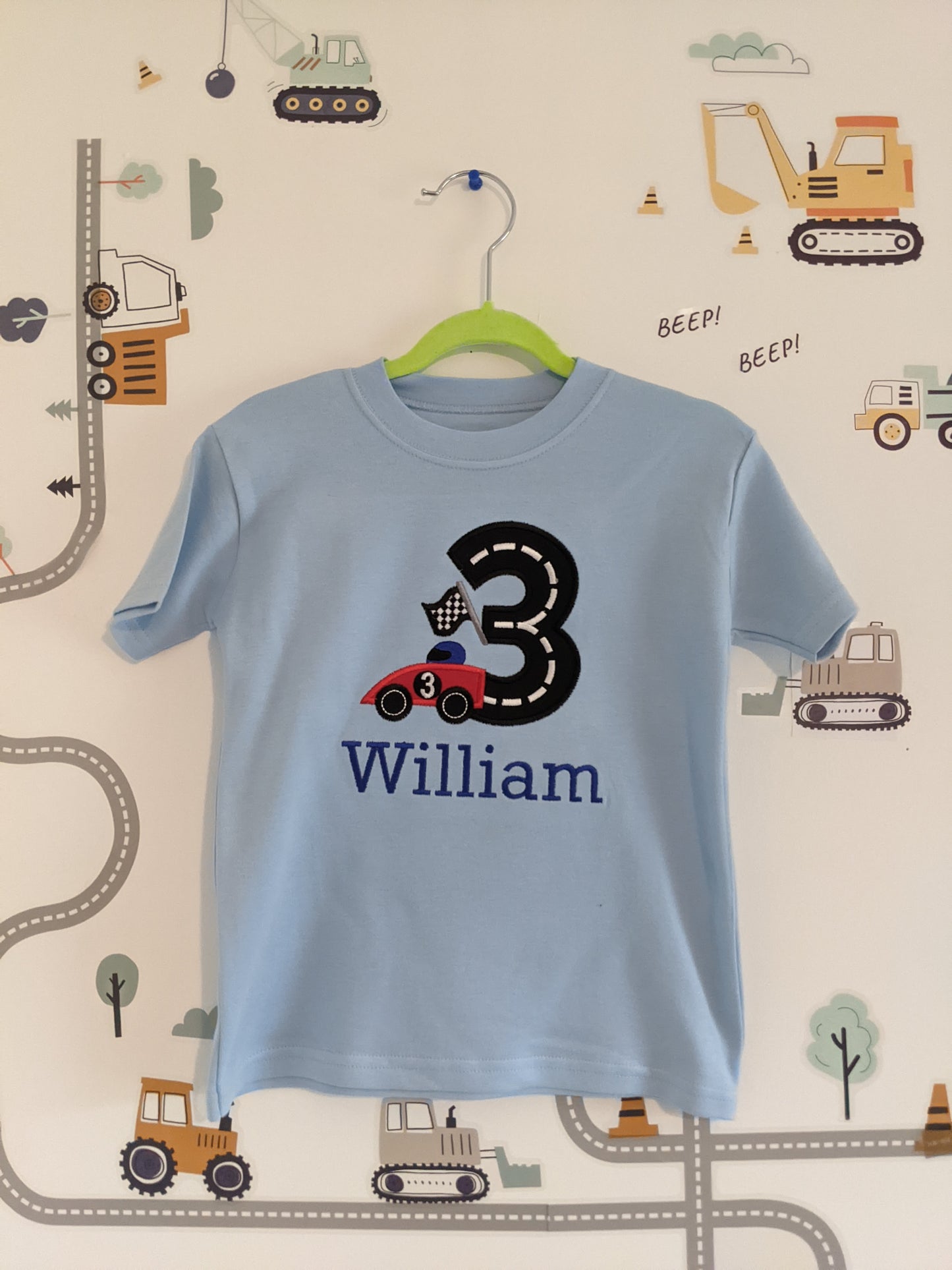 Children Personalised Birthday Tshirt Race Car with  Race Track -  Embroidery