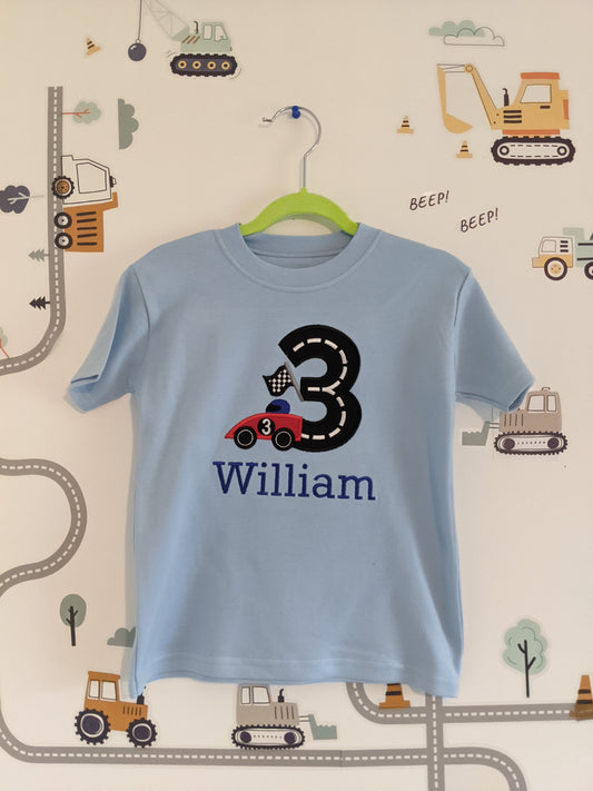 Children Personalised Birthday Tshirt Race Car with  Race Track -  Embroidery