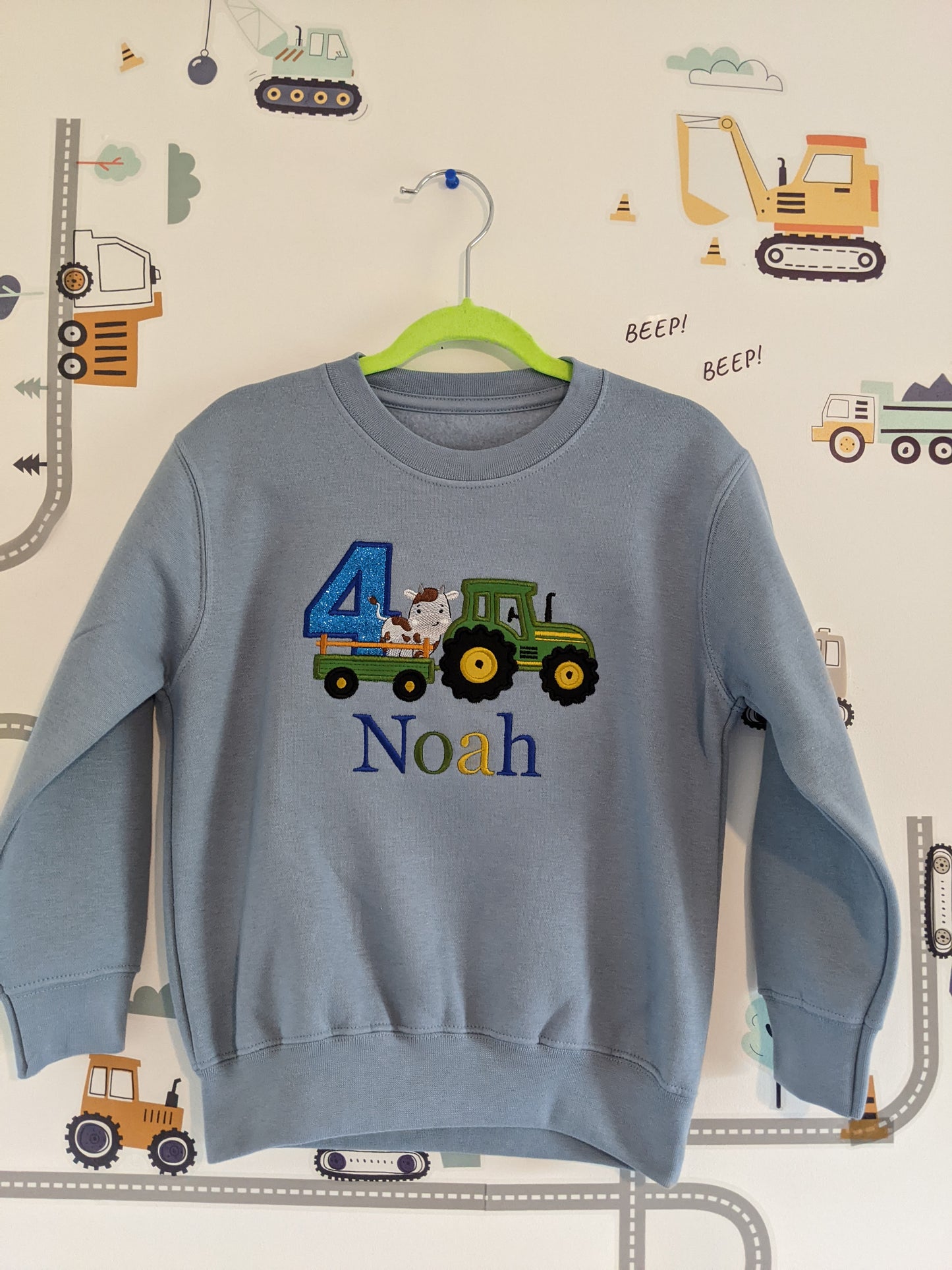 Children Personalised Birthday Sweatshirt  twith Tractor  and cow on a Trailer - Embroidery