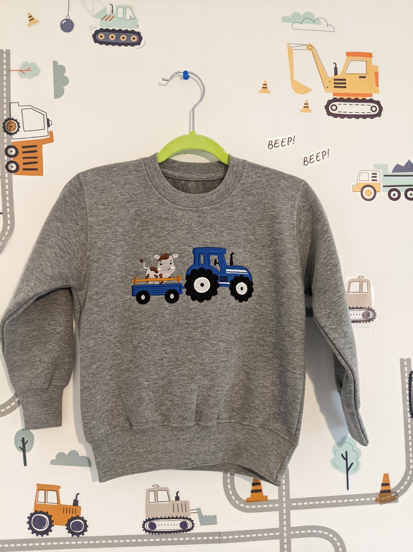 Children  Sweatshirt with Blue Tractor and Cute  cow- Embroidery