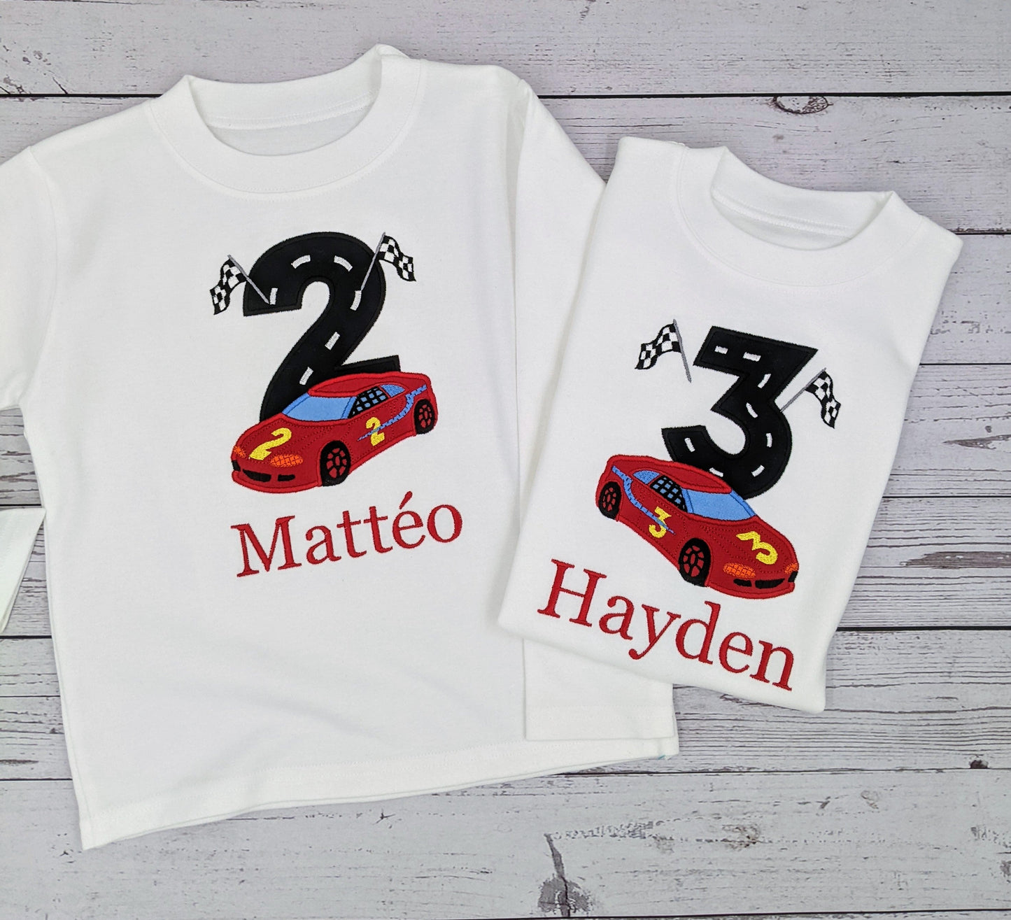 Children Personalised Birthday Tshirt Race Car and Flag - Embroidery