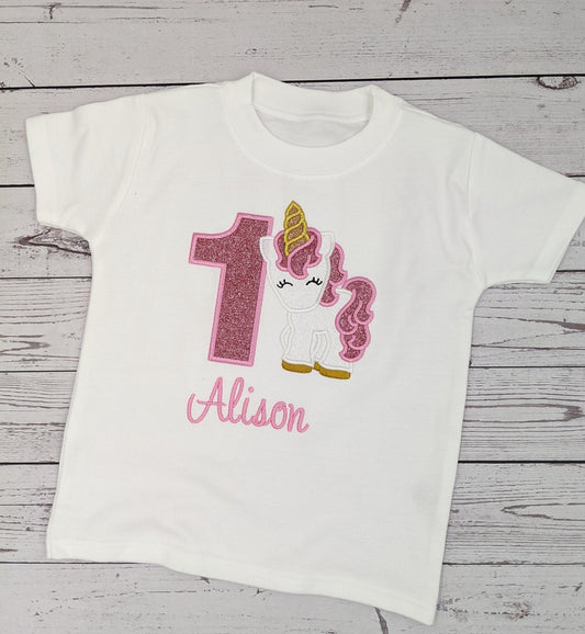 Children Personalised Birthday Tshirt with Cute Baby Unicorn - Embroidery