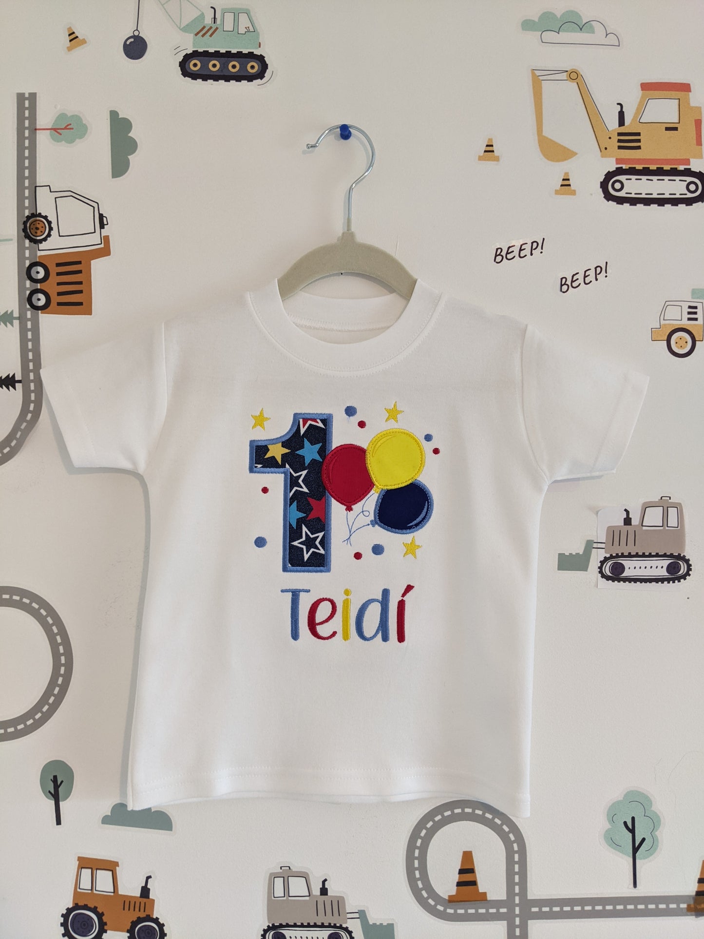 Children Personalised Birthday Tshirt with Balloons- Embroidery