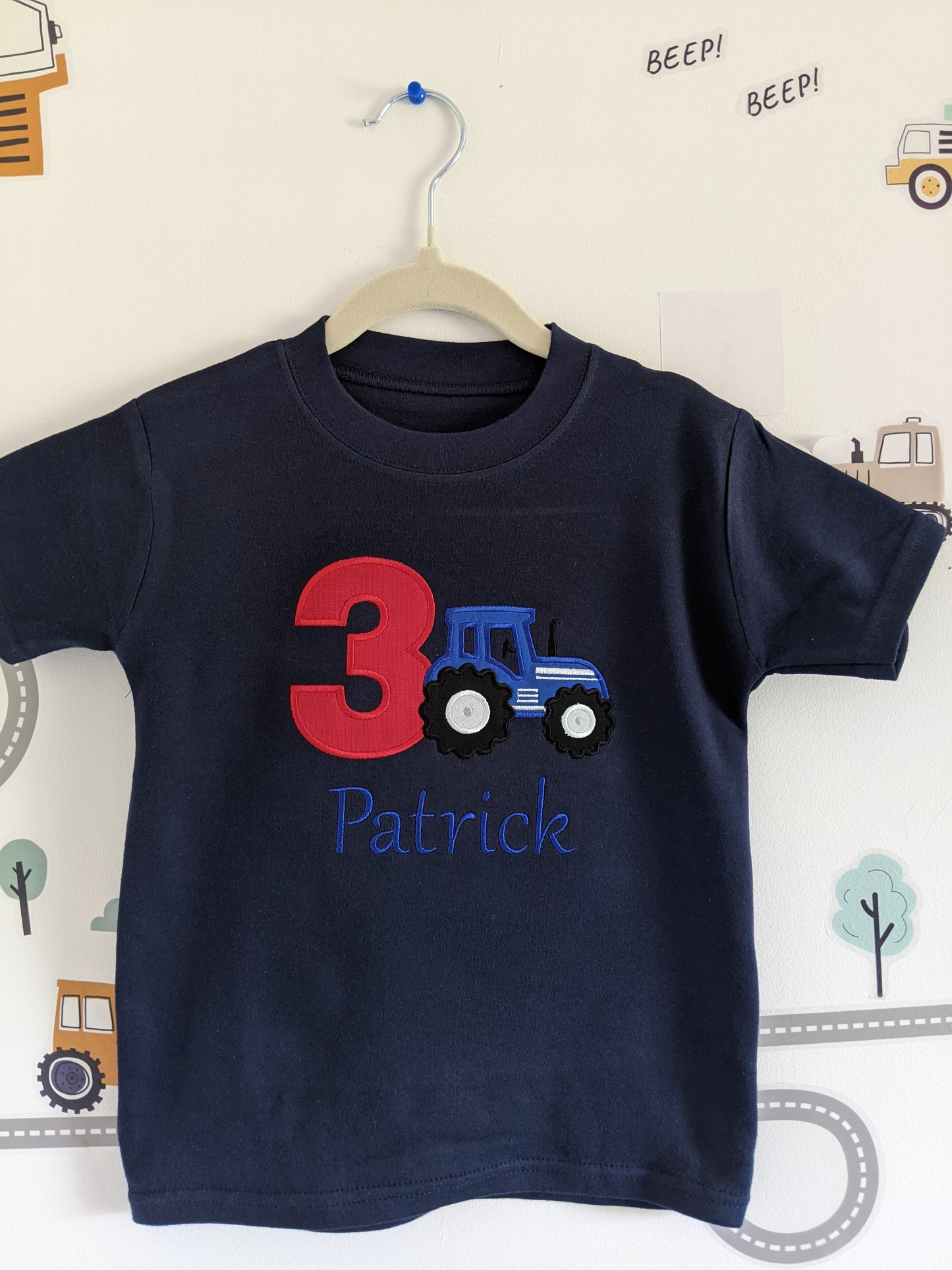 Children Personalised Birthday Tshirt with blue Tractor and Birthday Number - Embroidery