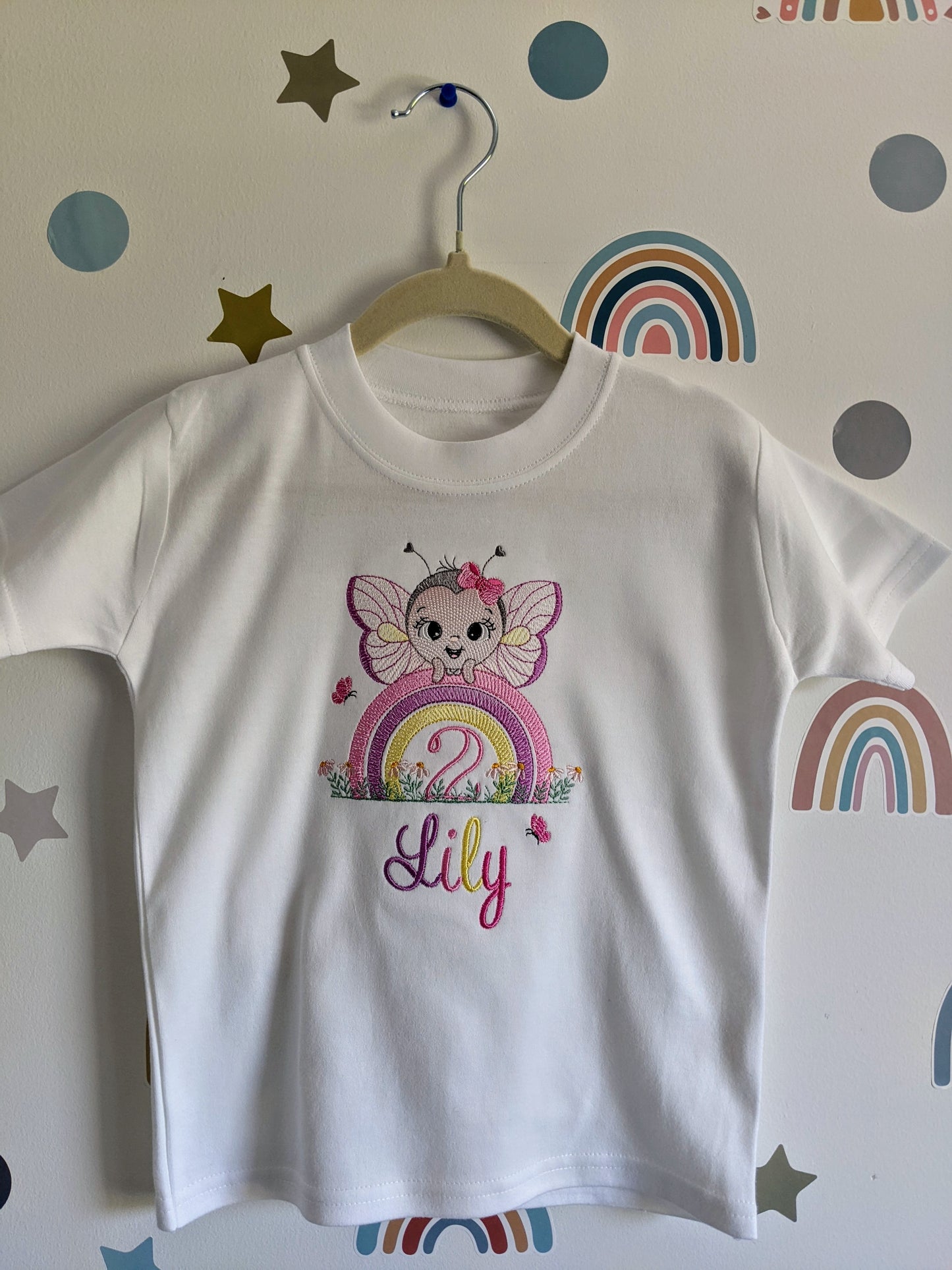 Children Personalised Birthday Tshirt with Cute Rainbow and Butterfly - Embroidery