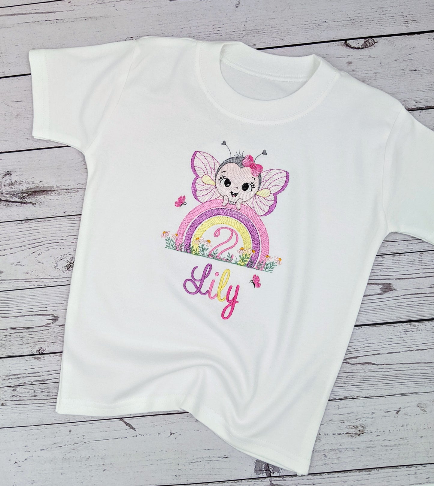 Children Personalised Birthday Tshirt with Cute Rainbow and Butterfly - Embroidery