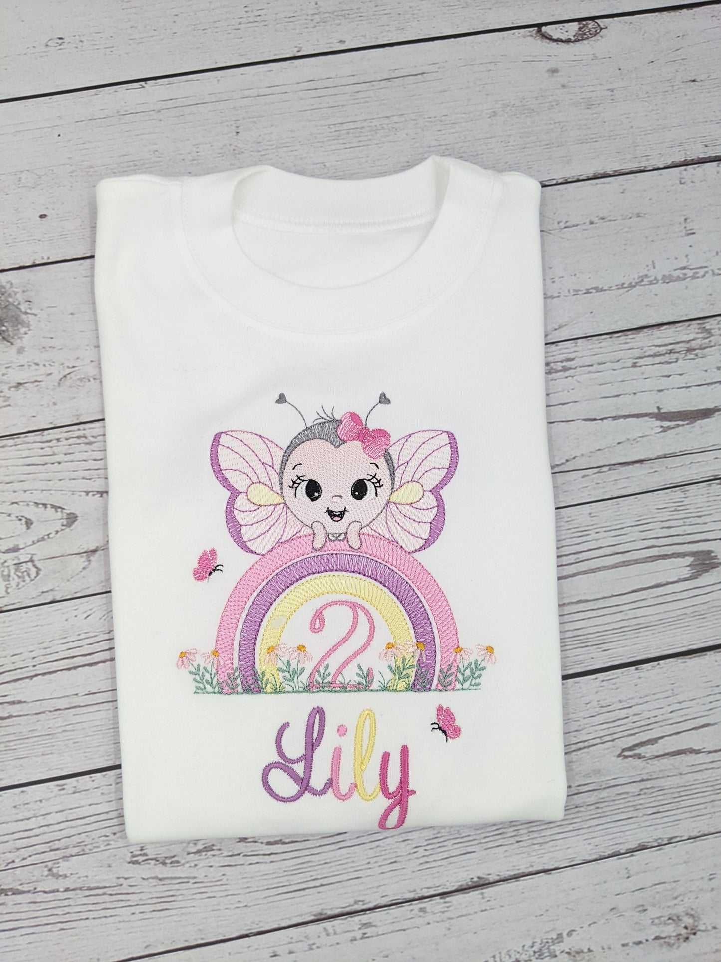 Children Personalised Birthday Tshirt with Cute Rainbow and Butterfly - Embroidery