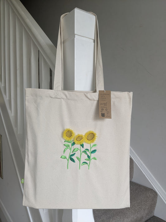 Sunflower Organic Tote bag - Embroidery - Sunflower with fringe