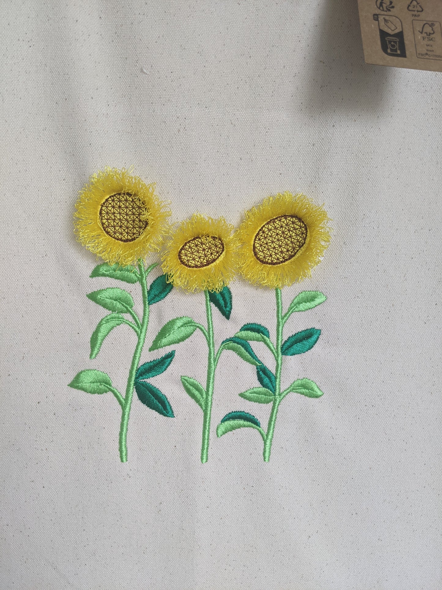 Sunflower Organic Tote bag - Embroidery - Sunflower with fringe