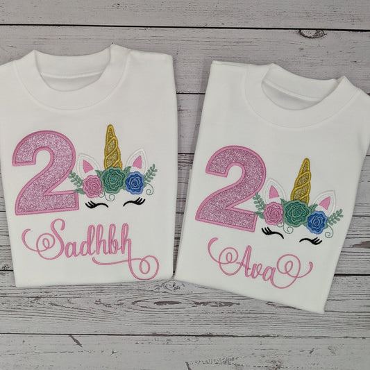 Children Personalised Birthday Tshirt with Unicorn - Embroidery