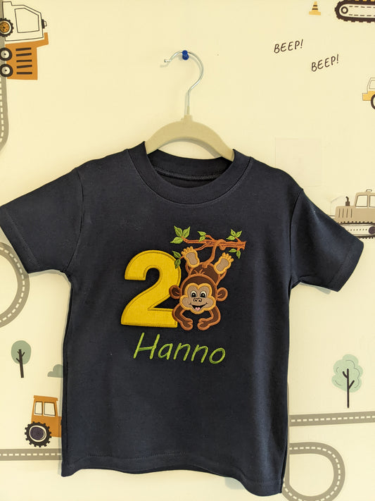 Children Personalised Birthday Tshirt with Hanging Monkey - Embroidery