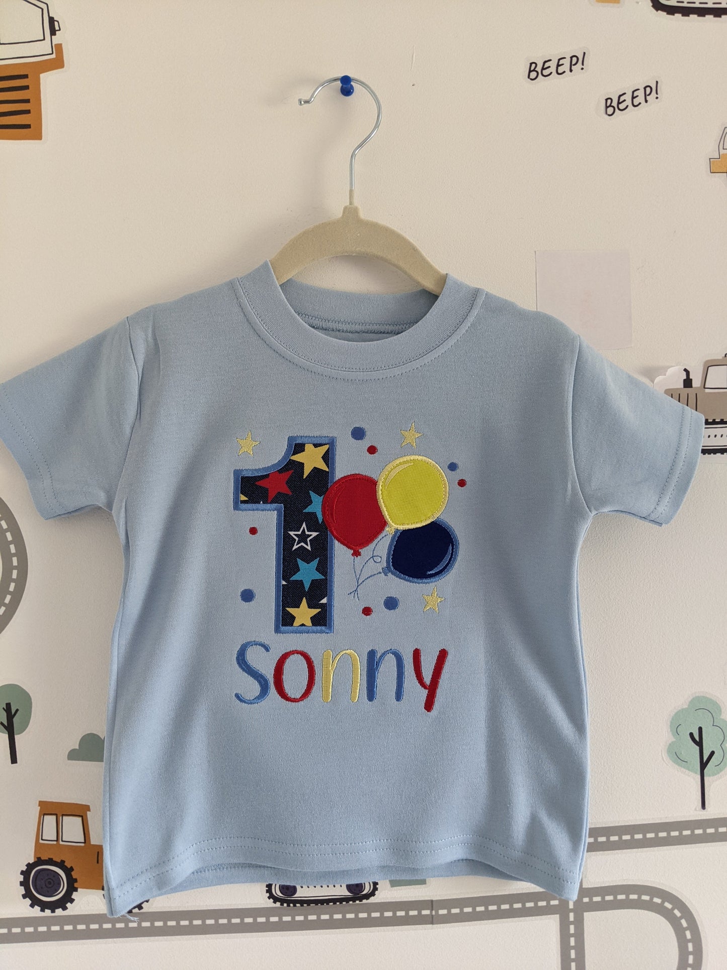 Children Personalised Birthday Tshirt with Balloons- Embroidery