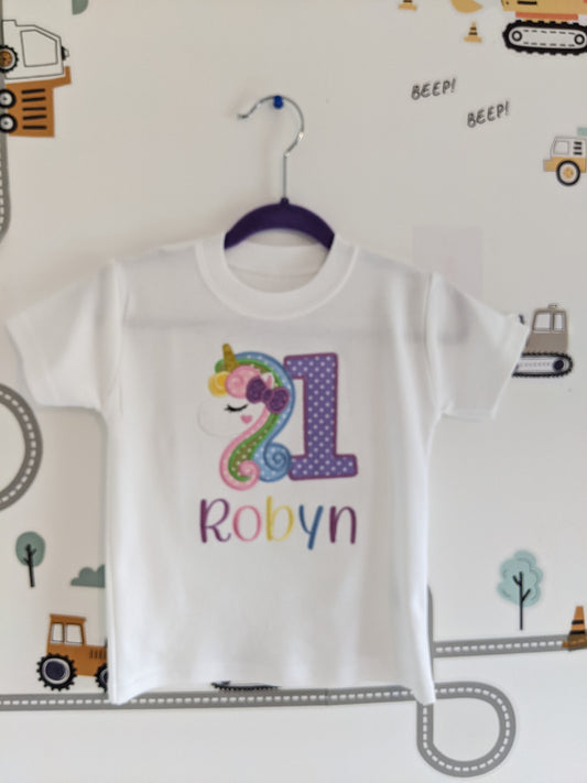 Children Personalised Birthday Tshirt with Unicorn and Rainbow Hair