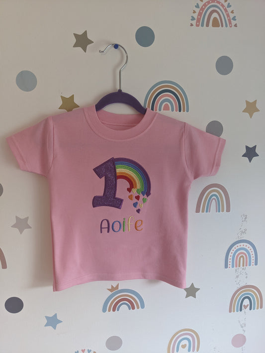 Children Personalised Birthday Tshirt with Rainbow and Hearts - Embroidery