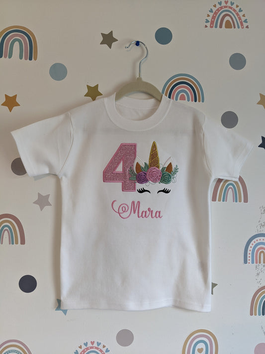 Children Personalised Birthday Tshirt with Unicorn - Embroidery