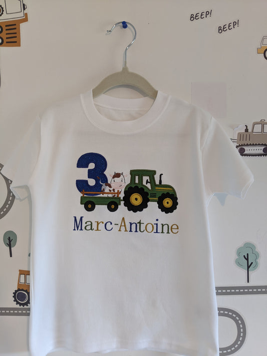 Children Personalised Birthday Tshirt with Tractor  and cow on a Trailer - Embroidery