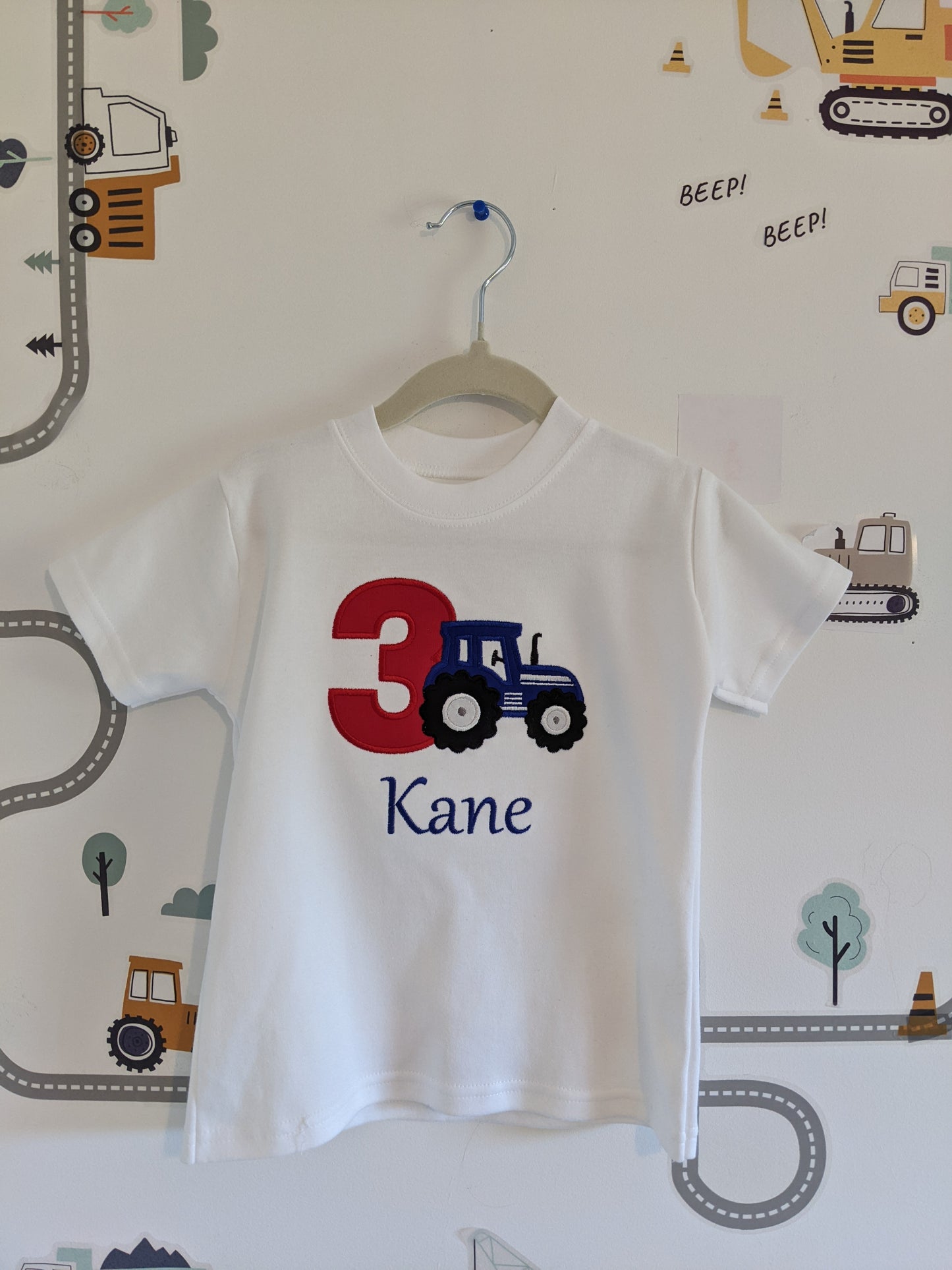 Children Personalised Birthday Tshirt with blue Tractor and Birthday Number - Embroidery