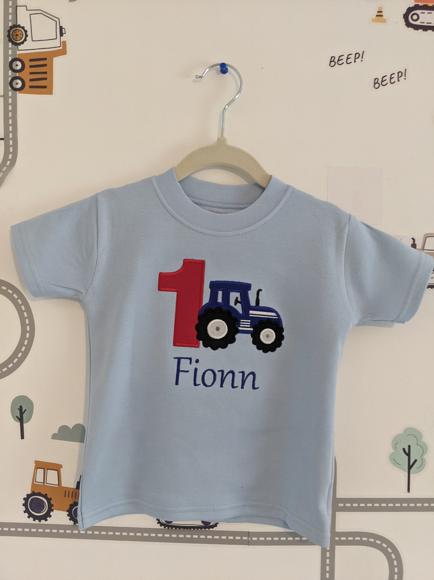 Children Personalised Birthday Tshirt with blue Tractor and Birthday Number - Embroidery