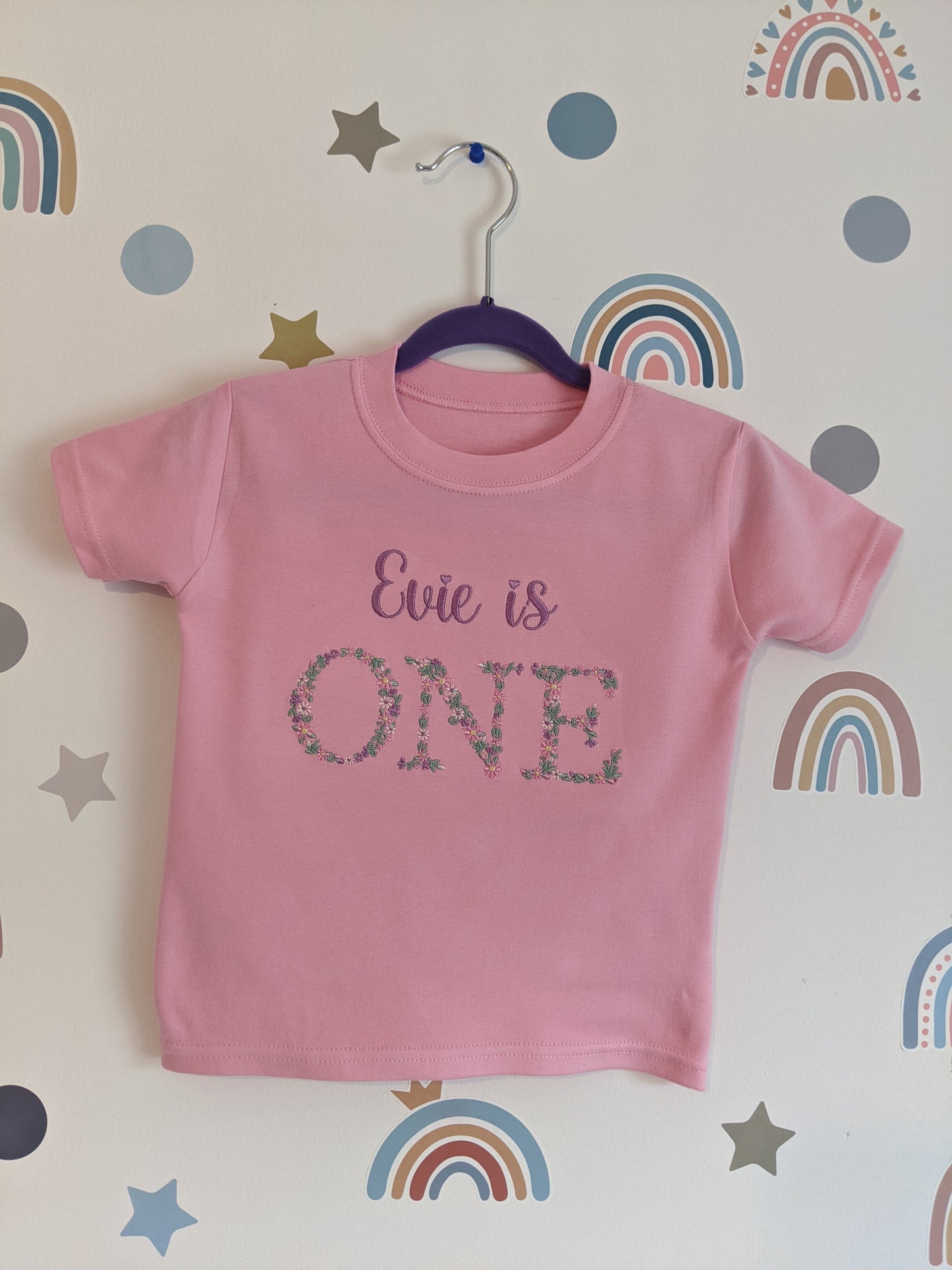 Children Personalised 1st Birthday Tshirt with Monogram Floral Font- Embroidery