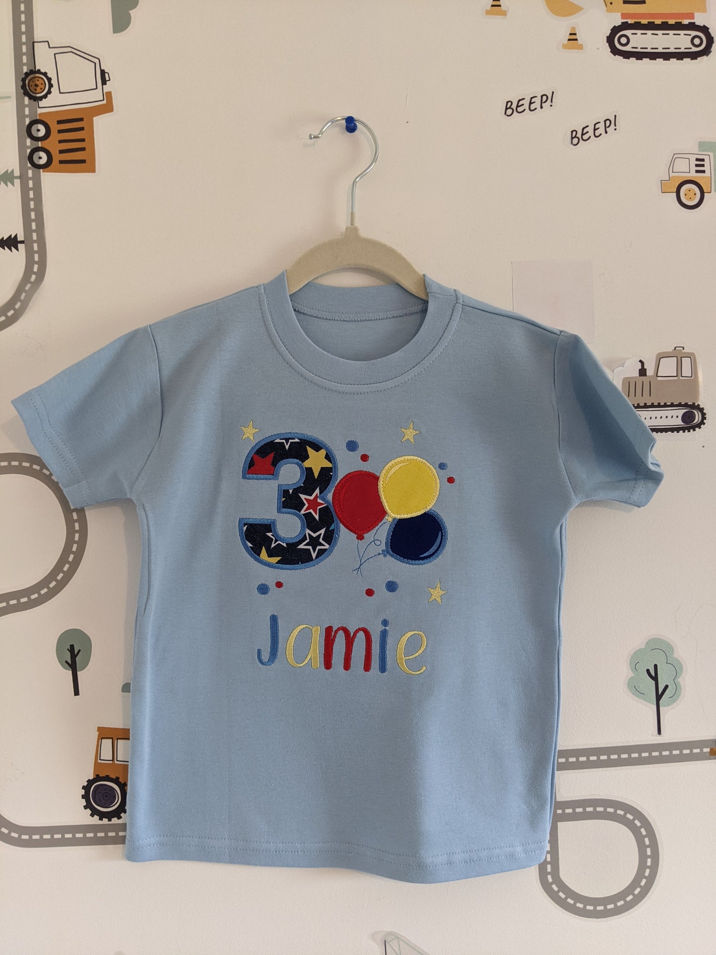 Children Personalised Birthday Tshirt with Balloons- Embroidery