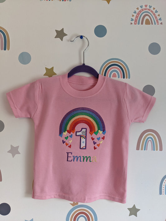 Children Personalised Birthday Tshirt with Rainbow  - Embroidery