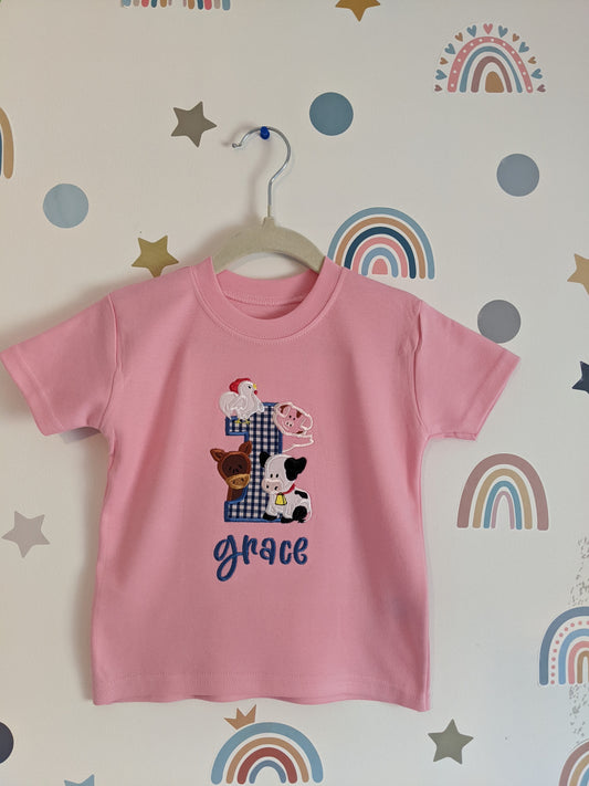 Children Personalised Birthday Tshirt Number with Farm Animals - Embroidery