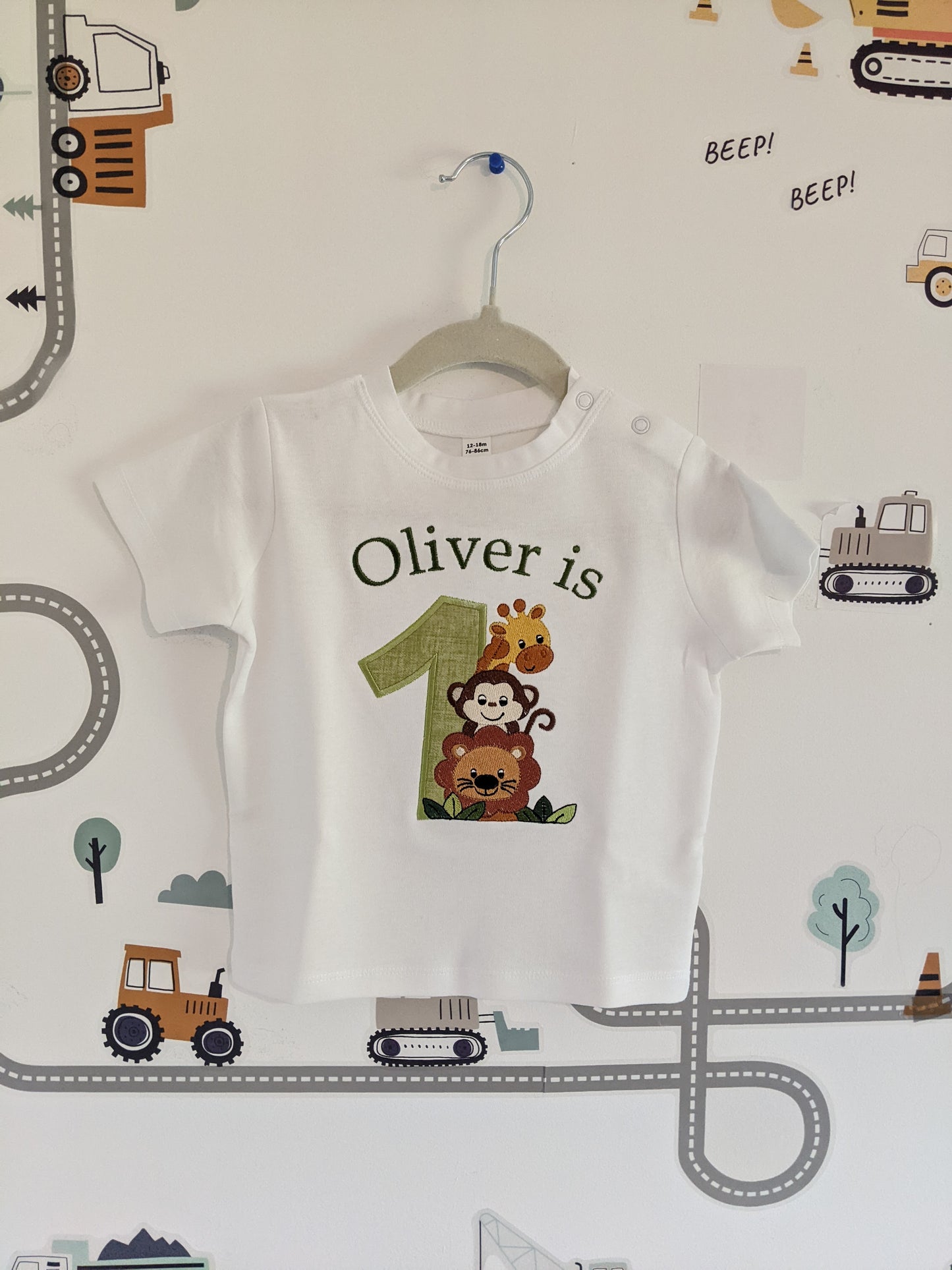 Monkey, Lion and Giraffe Personalised Birthday Tshirt   Embroidery