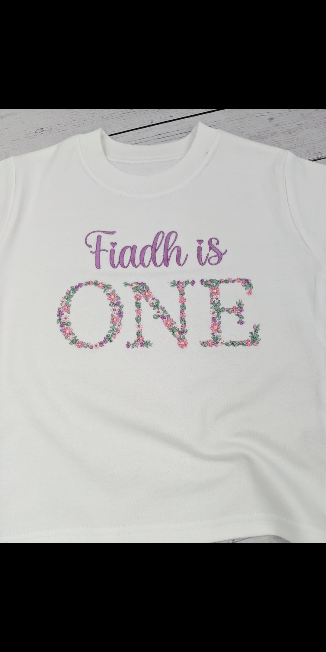 Children Personalised 1st Birthday Tshirt with Monogram Floral Font- Embroidery