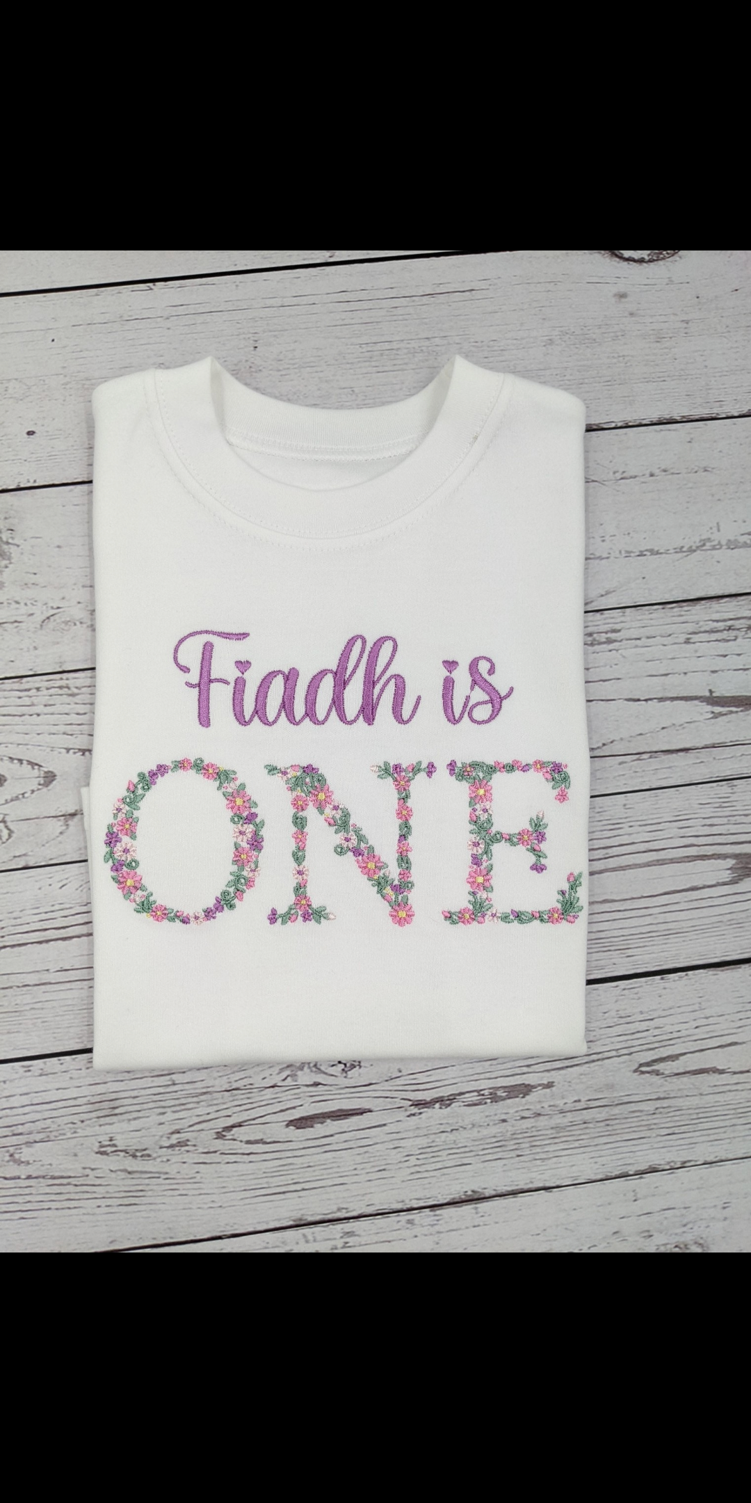 Children Personalised 1st Birthday Tshirt with Monogram Floral Font- Embroidery